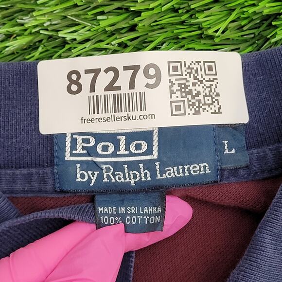 Ralph-Lauren Polo Shirt Large 23x28 Burgundy Blue Crest Logo - Picture 5 of 12